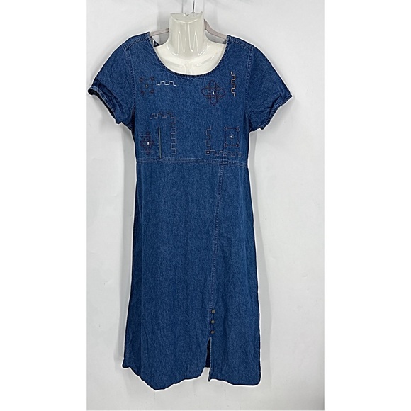 Erika & co vintage embroidered detailing tie back Blue Denim Dress M - Picture 1 of 9